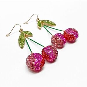 Piper K 🍒 Pink and Green Cherry Earrings with Sparkling Crystals NWT